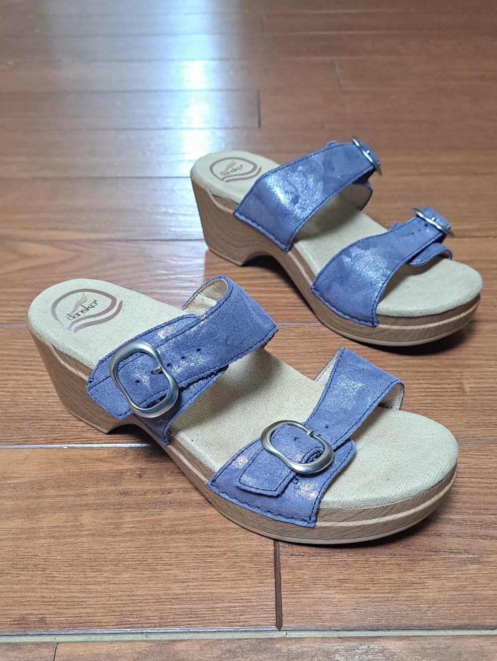 Dansko Sophie Blue Metallic Leather Slide Sandals Size 38 / US 7.5 - 8